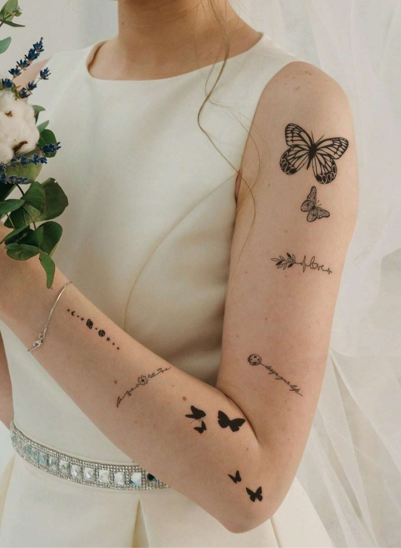 30 ملصق وشم مؤقت مقاوم للماء بتصاميم الفراشات والقلوب والمراسي والنصوص والخطوط والزهور، مناسب للأطفال والكبار والرجال والنساء - أسود - Image 2